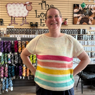 Blair's gorgeous sweater knit using the Summer Solstice Box yarn from Little Squirrel Yarn.