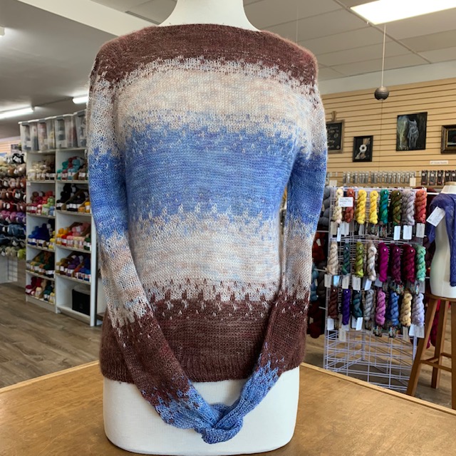 Idaho Sunset Sweater by Caitlyn Turowski knit in JulieSpins Cashmere Silk Lace at The Loopy Ewe