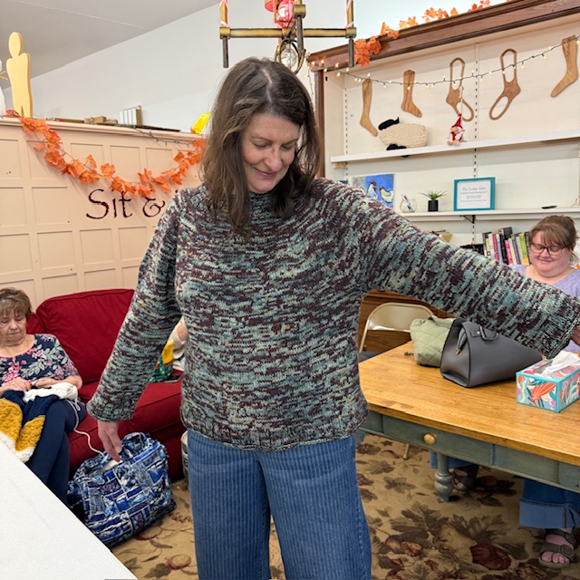 Dawn's amazing stash buster sweater at The Loopy Ewe.