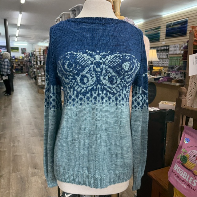 Moon Moth Sweater by Natalie Meredith knit with The Uncommon Thread Merino DK at The Loopy Ewe
